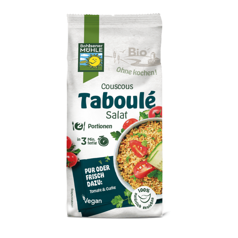 Bohlsener Mühle Couscous Taboulé Salat in einer Verpackung mit frischen Zutaten.