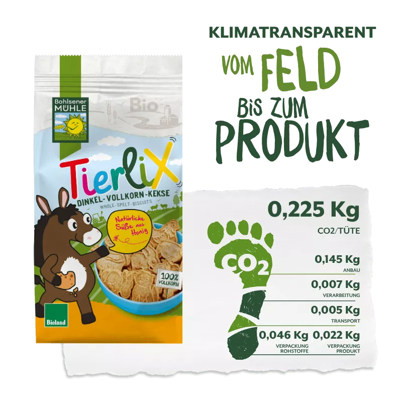 Bohlsener Mühle Tierlix Dinkel-Vollkorn-Kekse in einer bunten Verpackung mit einem Esel.