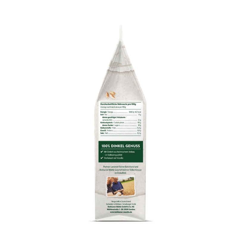 Verpackung von Bohlsener Mühle 100% Dinkel Genuss mit Nährwertangaben.