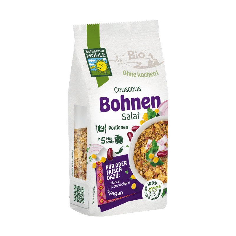 Bohlsener Mühle Couscous Bohnen Salat in einer Verpackung mit Zutaten.