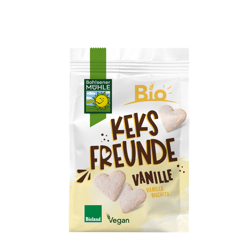 Die weiße Packung Keks Freunde Vanille von Bohlsener Mühle zeigt herzförmige Bio-Kekse auf der Vorderseite.