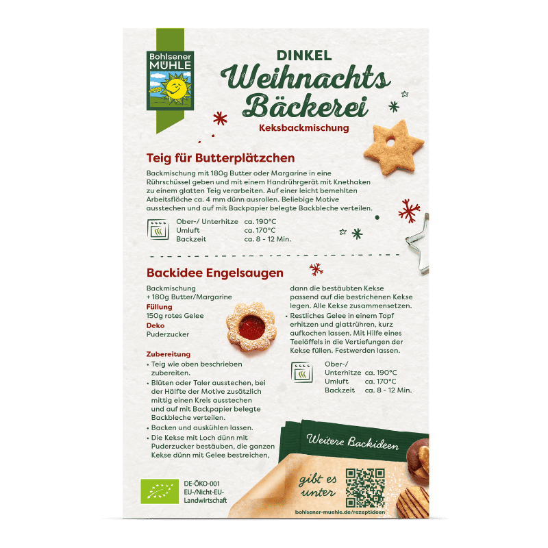 Bohlsener Mühle Dinkel Weihnachtsbäckerei Rezeptkarte mit Anleitungen für Butterplätzchen und Engelsaugen Cookies.