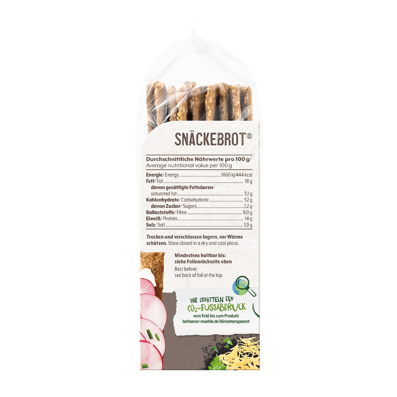 Verpackung von Bohlsener Mühle Snäcke-Brot mit Nährwertangaben.