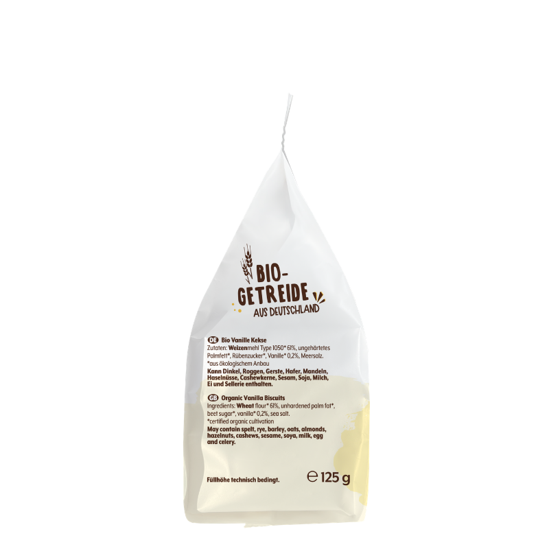 Die Rückseite der Bohlsener Mühle Bio Vanille Kekse Verpackung mit Zutatenliste auf weißem Hintergrund.