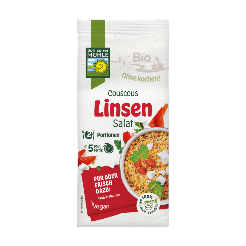 Bohlsener Mühle Couscous Linsen Salat in einer Packung mit abgebildeter Schale voll Couscous, Feta und Paprika.