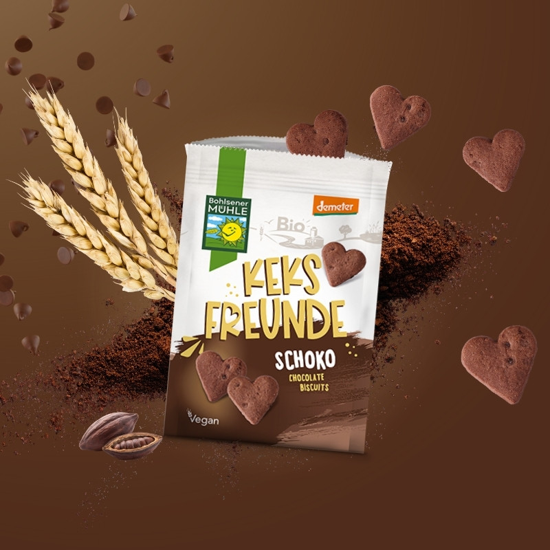 Bohlsener Mühle Keksfreunde Schoko mit herzförmigen Keksen und Kaffeebohnen.