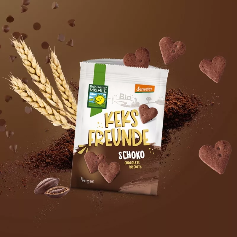Bohlsener Mühle Keksfreunde Schoko mit herzförmigen Keksen und Kaffeebohnen.
