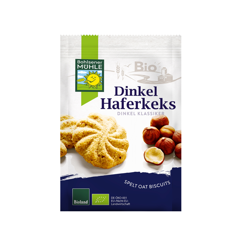 Bohlsener Mühle Dinkel Haferkeks mit Haselnüssen auf einer weißen Produktverpackung abgebildet.
