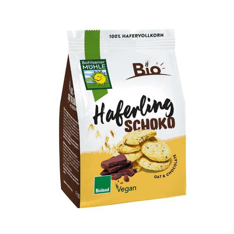 Eine Packung Haferling Schoko von Bohlsener Mühle mit abgebildeten Hafer-Keksen und dunkler Schokolade.