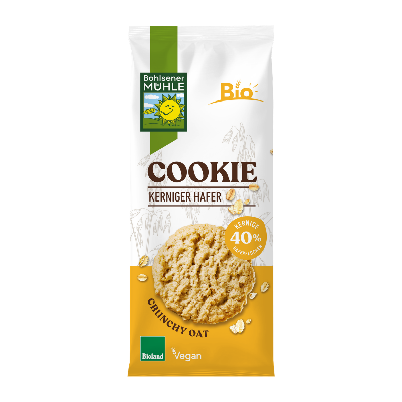 Eine Packung Bohlsener Mühle Cookie Kerniger Hafer mit einem einzelnen, runden Haferkeks auf der Vorderseite.