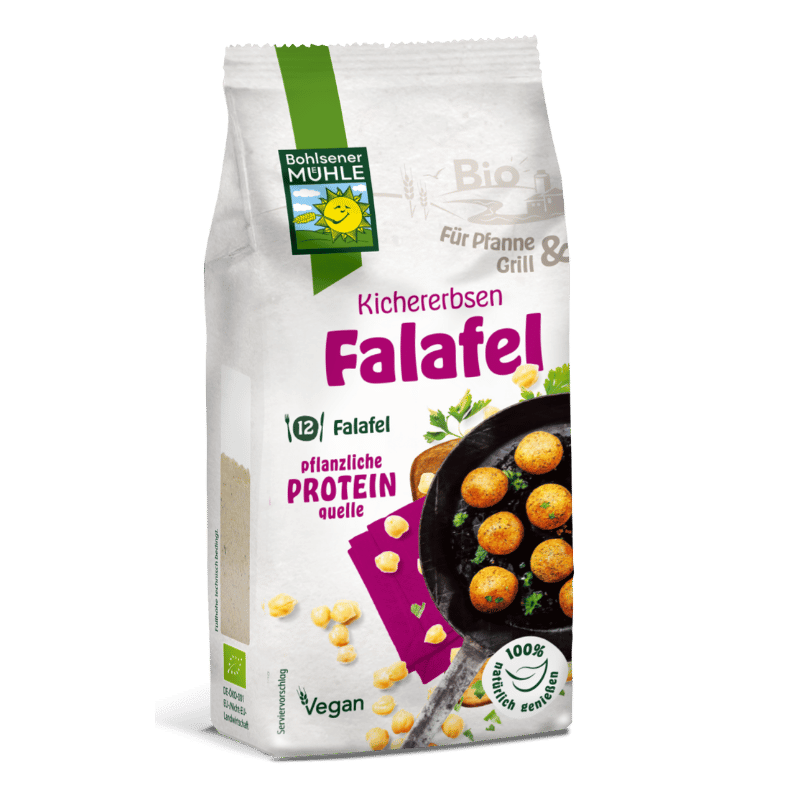 Bohlsener Mühle Kichererbsen Falafelmischung im Beutel. Eine vegane und pflanzliche Proteinquelle zum Kochen in der Pfanne und auf dem Grill.