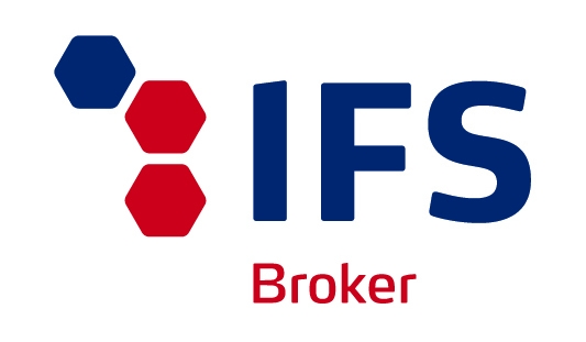 Logo des IFS Brokers mit blauen und roten Sechsecken.