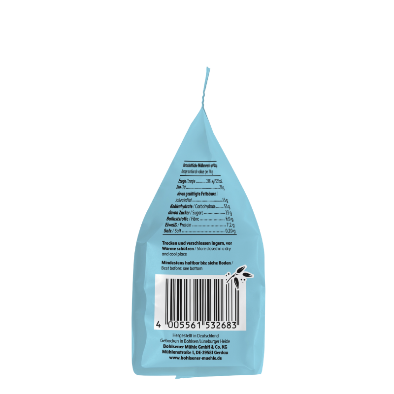 Rückseite der Bohlsener Mühle Crunchy Cookie Packung mit Nährwerttabelle, Barcode und Herstellerinformationen.