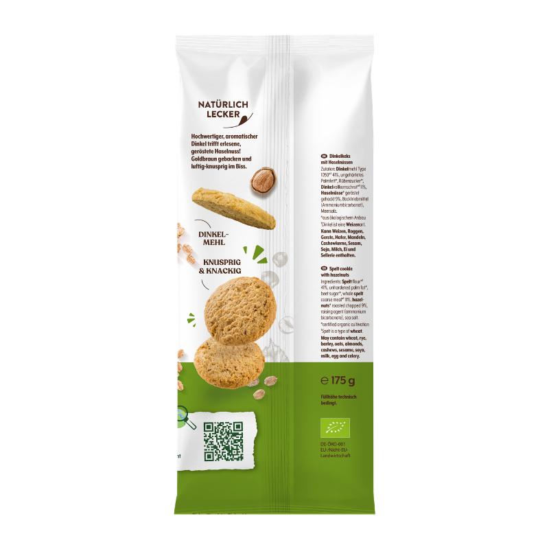 Bohlsener Mühle Dinkel-Haselnuss Cookie Packung mit Abbildung von zwei knusprigen Keksen und einer Haselnuss.