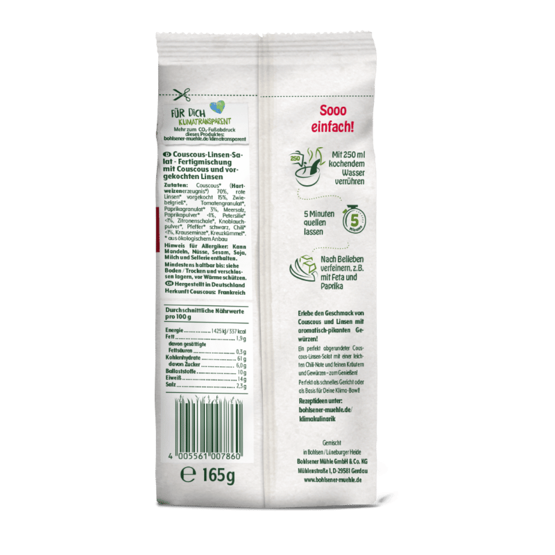 Bohlsener Mühle Couscous-Linsen-Salat Mischung in einer 165g Packung.