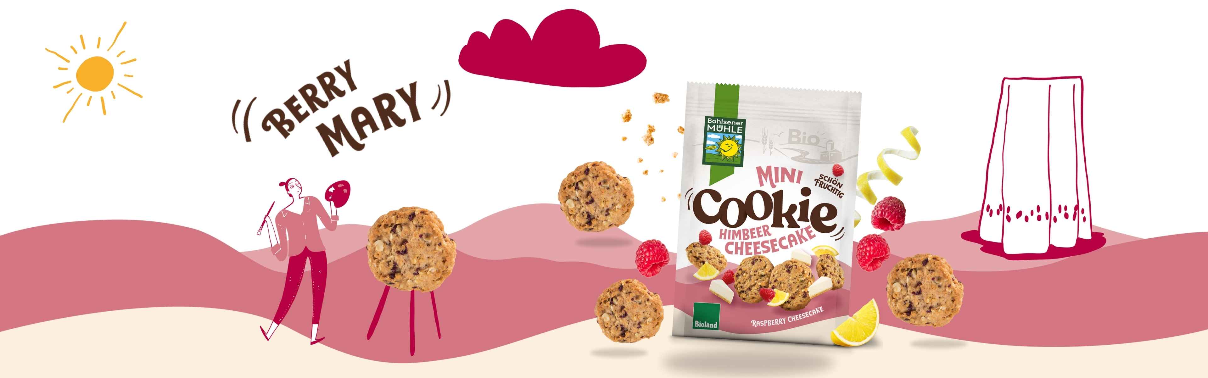 Bohlsener Mühle Mini Cookie Himbeer Cheesecake auf buntem Hintergrund mit Früchten.