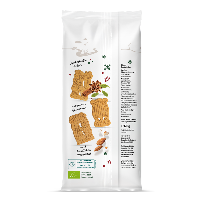 Bohlsener Mühle Dinkel Spekulatius mit Mandeln und Gewürzen auf der weißen Verpackung.
