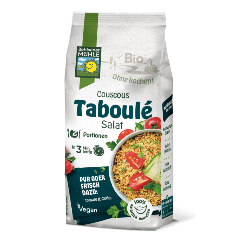 Bohlsener Mühle Couscous Taboulé Salat in einer Verpackung mit frischen Zutaten.