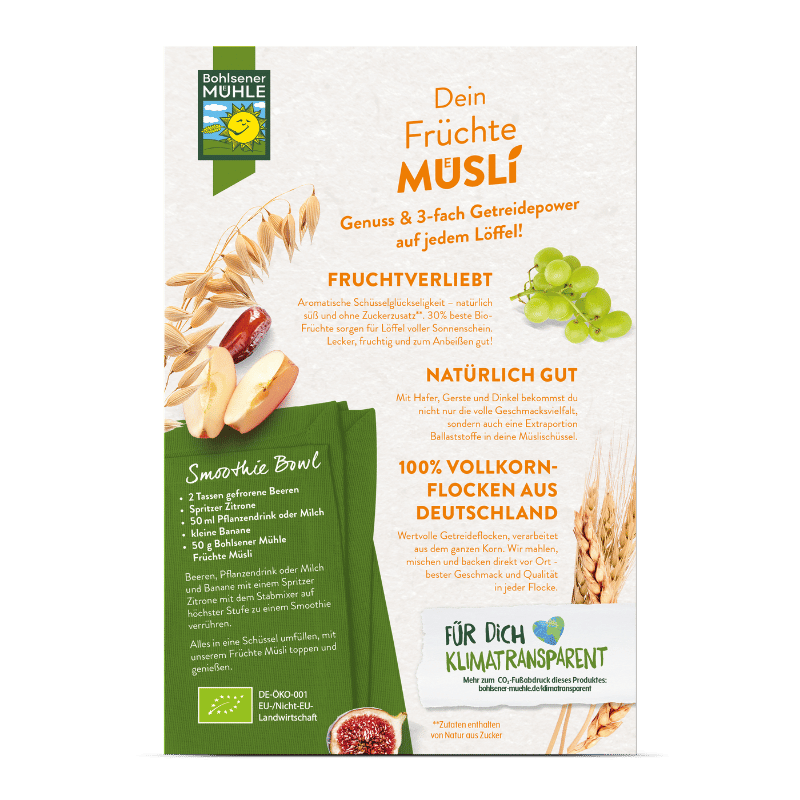 Bohlsener Mühle Früchte Müsli mit Äpfeln, Trauben und Haferflocken.