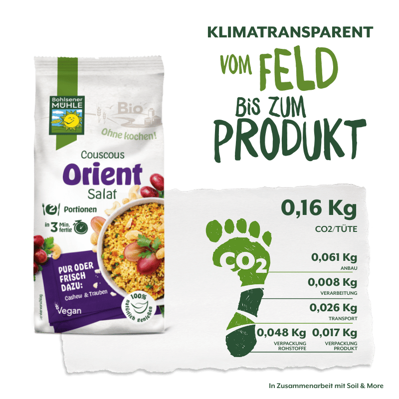 Bohlsener Mühle Couscous-Orient-Salat-Paket mit Schwerpunkt auf der veganen, in 3 Minuten fertigen Zubereitung und der Analyse des CO2-Fußabdrucks.