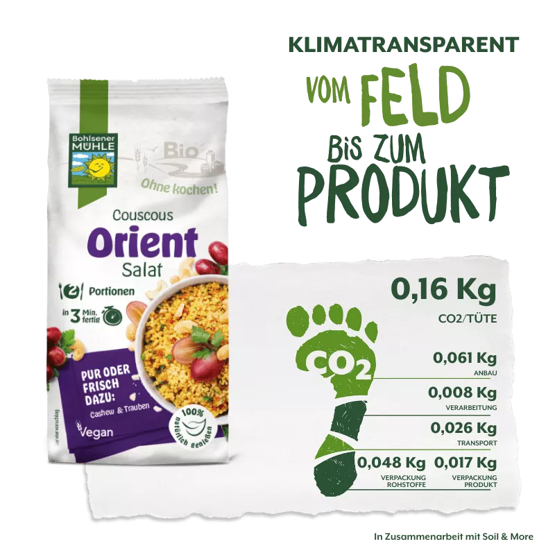 Bohlsener Mühle Couscous-Orient-Salat-Paket mit Schwerpunkt auf der veganen, in 3 Minuten fertigen Zubereitung und der Analyse des CO2-Fußabdrucks.