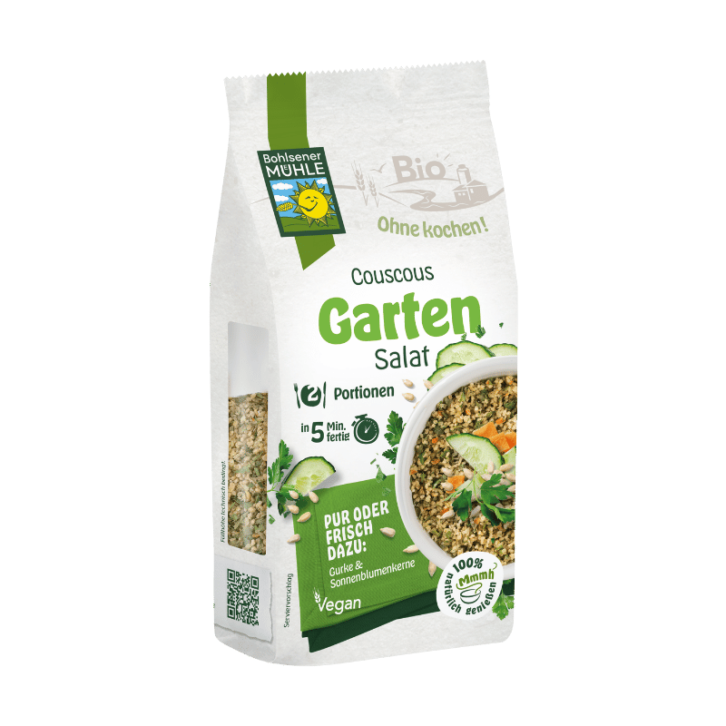 Bohlsener Mühle Couscous Garten Salat in einer Verpackung mit Zutaten.
