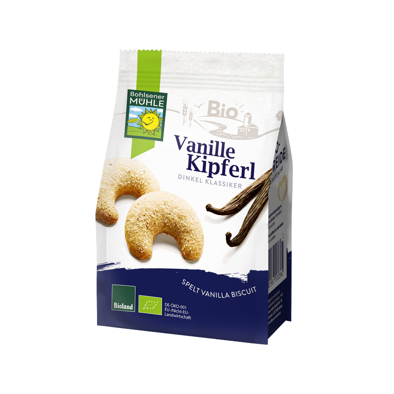 Eine Packung Bohlsener Mühle Vanille Kipferl mit Dinkel-Gebäck und Vanilleschoten auf weißem Hintergrund.