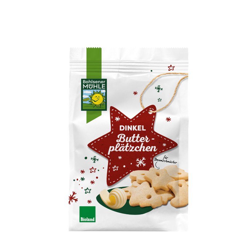 Bohlsener Mühle Dinkel Butterplätzchen in einer weihnachtlich gestalteten Tüte mit Sternanhänger und Butterlocke.