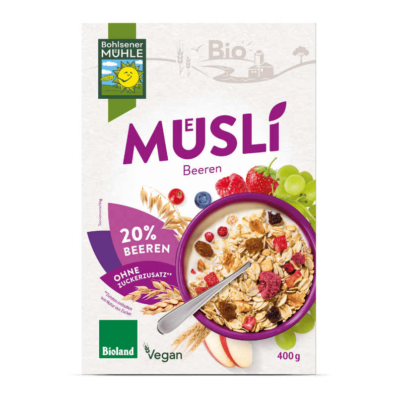 Bohlsener Mühle Bio Müslí mit 20% Bieren in einer Schüssel mit Löffel.