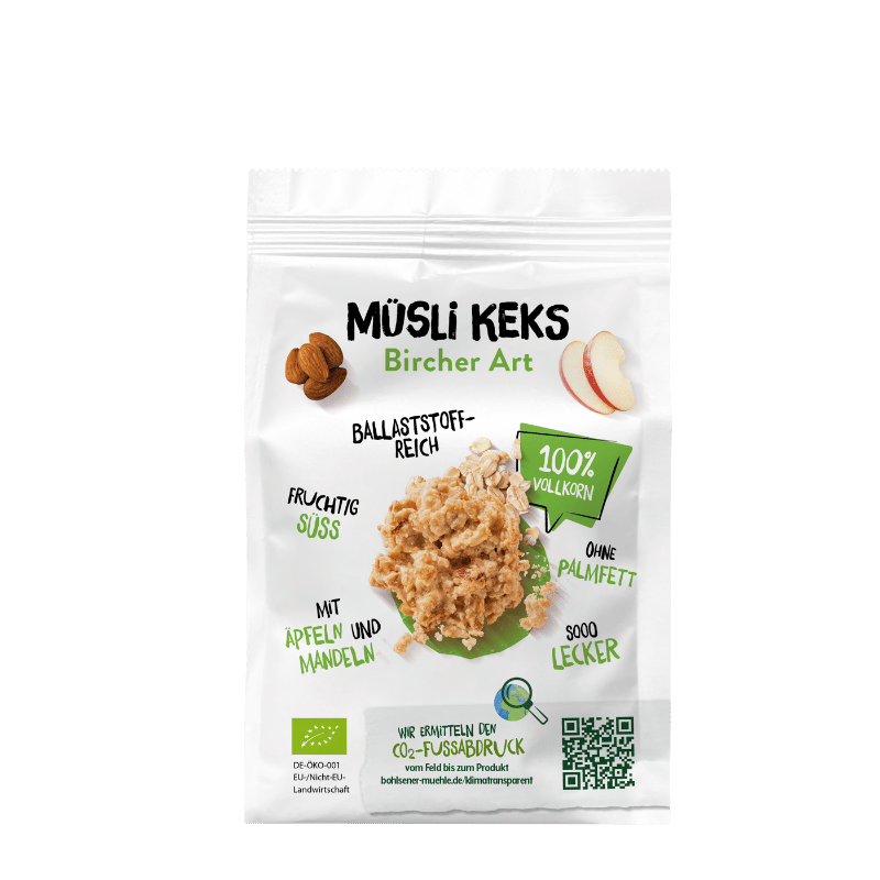 Bohlsener Mühle Müslikeks Bircher Art mit Äpfeln und Mandeln in der Verpackung.