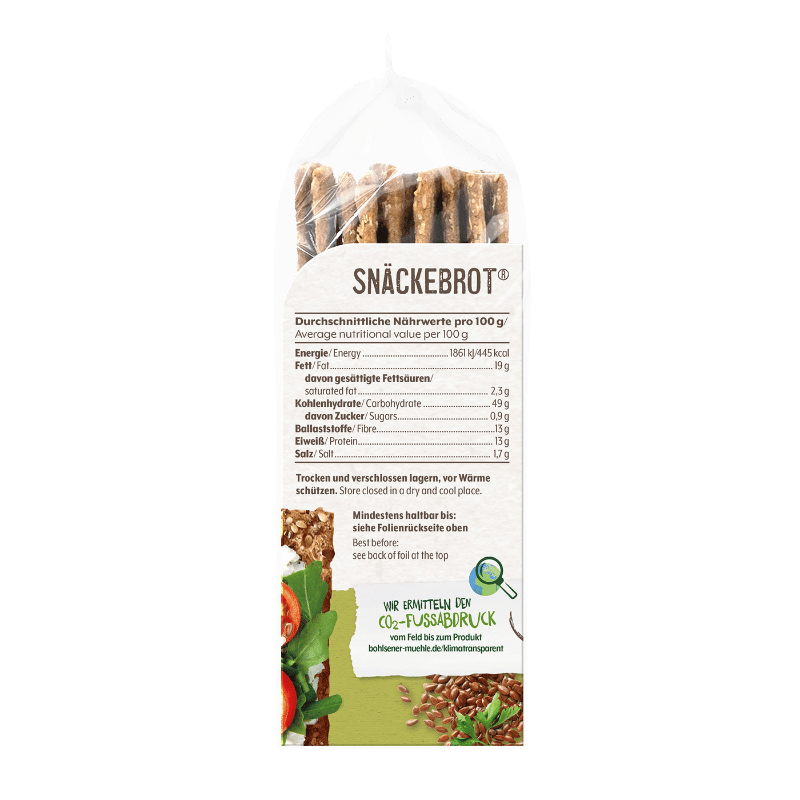 Rückseite der Bohlsener Mühle Snäckebrot Packung mit Nährwerttabelle und Abbildung von knusprigem Knäckebrot.