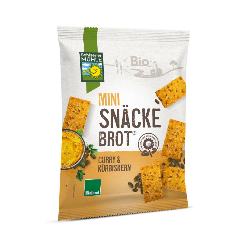 Bohlsener Mühle Mini Snäcke Brot mit Curry und Kürbiskernen in der Verpackung.