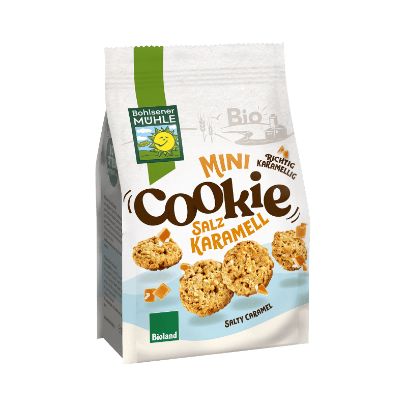Bohlsener Mühle Mini Cookie mit Salzkaramell in der Verpackung.