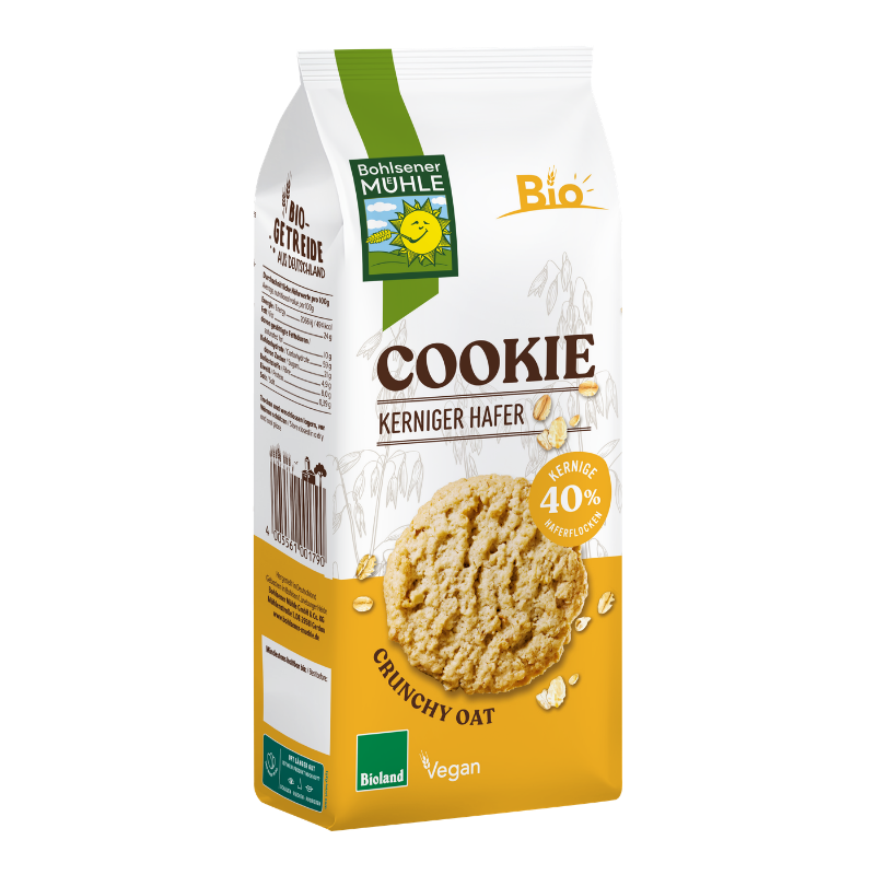 Eine Packung Bohlsener Mühle Cookie Kerniger Hafer mit einem einzelnen runden Haferkeks auf der Vorderseite.