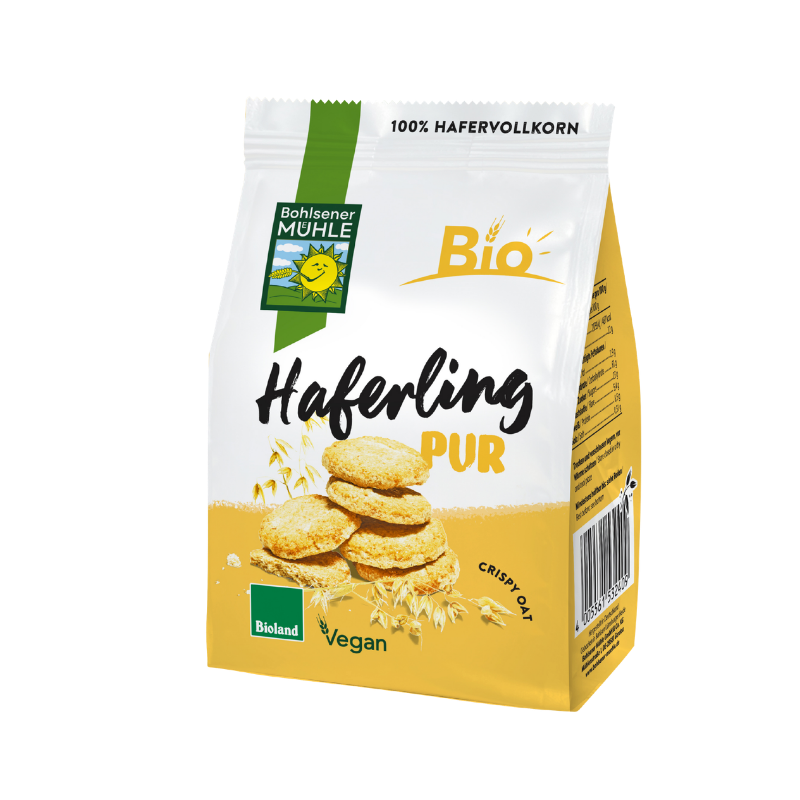 Eine Packung Haferling Pur von Bohlsener Mühle mit abgebildeten, knusprigen Hafer-Keksen auf weißem Hintergrund.