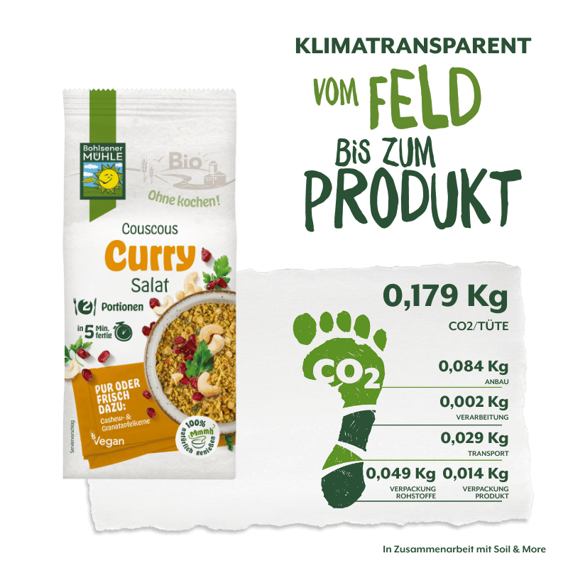 Bohlsener Mühle Curry Couscous Salat Verpackung und klimatransparente Informationen. Ein schnelles und einfaches veganes Gericht, das in 5 Minuten fertig ist. Bio.