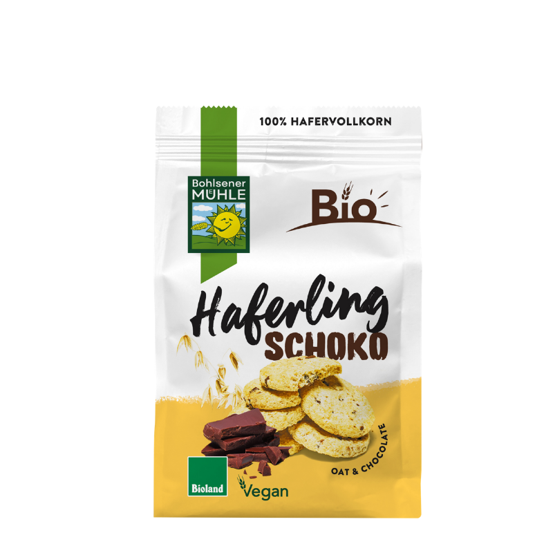 Die Packung Haferling Schoko von Bohlsener Mühle mit abgebildeten Hafer-Keksen und dunkler Schokolade.