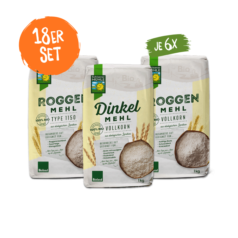 Drei Packungen Bio-Mehl der Bohlsener Mühle als 18er Set mit Roggenmehl und Dinkelmehl in der 1-kg-Verpackung.