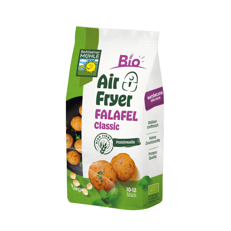 Die Packung Bohlsener Mühle Air Fryer Falafel Classic zeigt knusprige Falafelbällchen mit frischer Minze dekoriert.