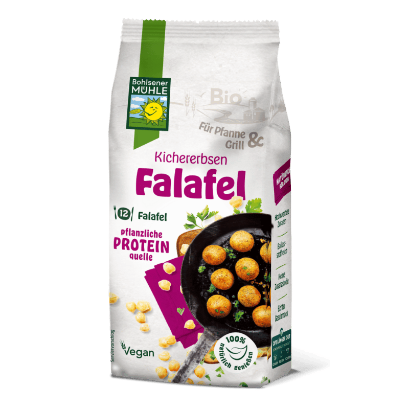 Bohlsener Mühle Falafel-Paket. Eine vegane, pflanzliche Proteinquelle aus Kichererbsen, entwickelt für das Kochen in der Pfanne und auf dem Grill.