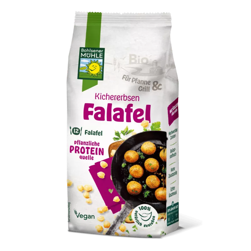 Bohlsener Mühle Falafel-Paket. Eine vegane, pflanzliche Proteinquelle aus Kichererbsen, entwickelt für das Kochen in der Pfanne und auf dem Grill.