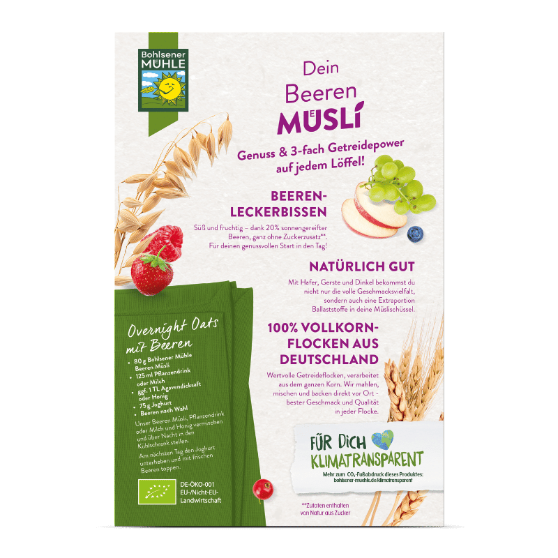 Bohlsener Mühle Beeren Müsli mit frischen Beeren und Haferflocken auf der Verpackung.