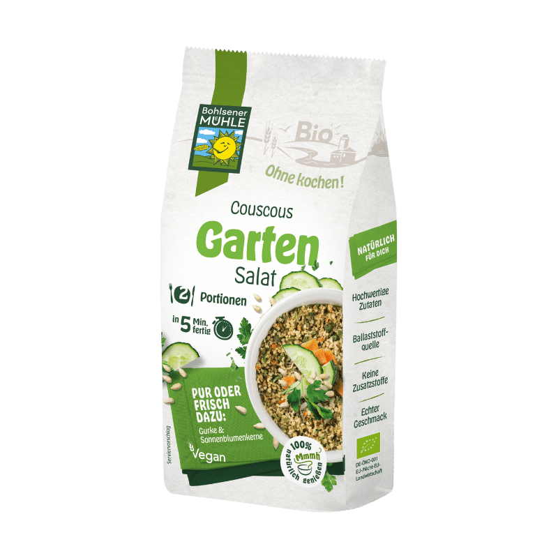 Bohlsener Mühle Couscous Garten Salat in einer Verpackung mit Zutaten und Zubereitungshinweisen.