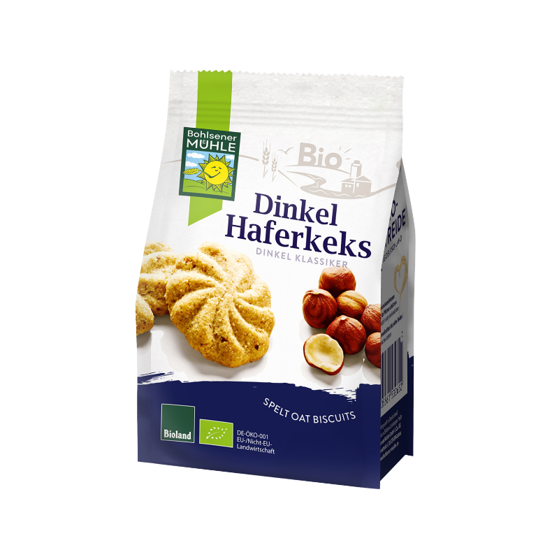 Bohlsener Mühle Dinkel Haferkeks Packung mit abgebildetem Gebäck und Haselnüssen auf weißem Hintergrund.