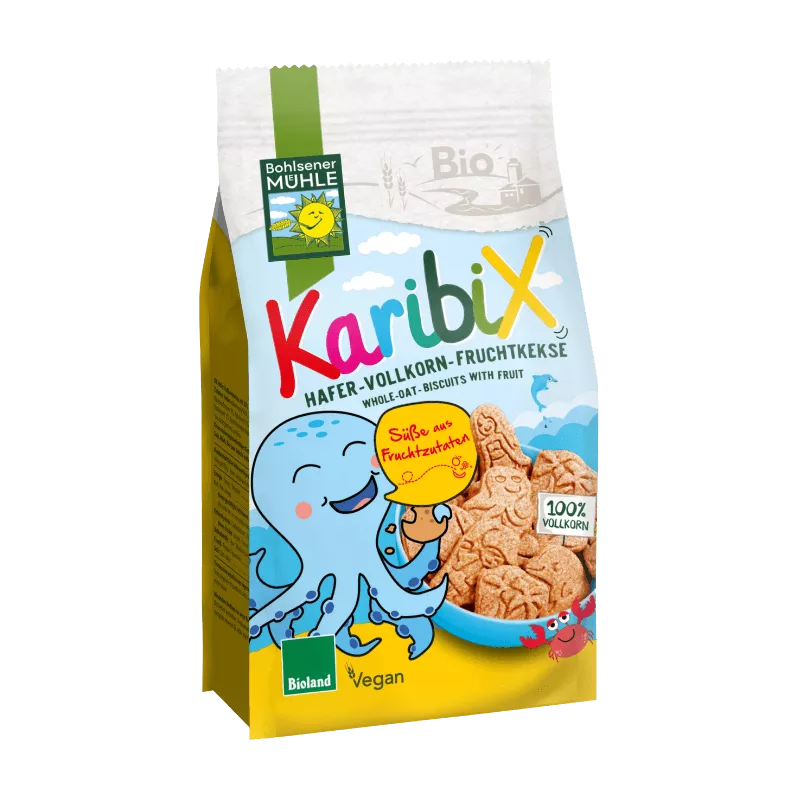 Bohlsener Mühle Karibix Hafer-Vollkorn-Fruchtkekse in der Verpackung mit buntem Design.