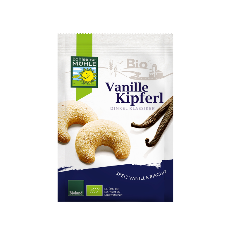 Die Packung Bohlsener Mühle Vanille Kipferl zeigt zwei Dinkel-Kekse und zwei Vanilleschoten auf weißem Hintergrund.