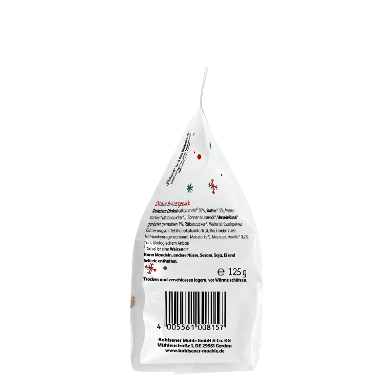 Rückseite der Bohlsener Mühle Dinkel Buttergebäck Packung mit Zutatenliste, Strichcode und weihnachtlichen Motiven.