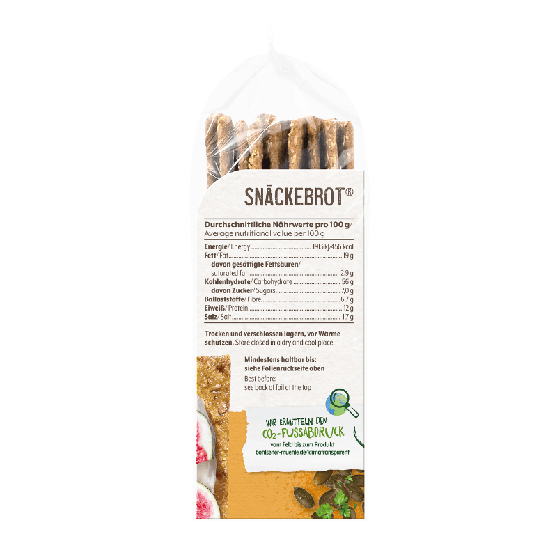 Rückseite der Bohlsener Mühle Snäckebrot Packung mit Nährwerttabelle und Informationen zum CO2-Fußabdruck.