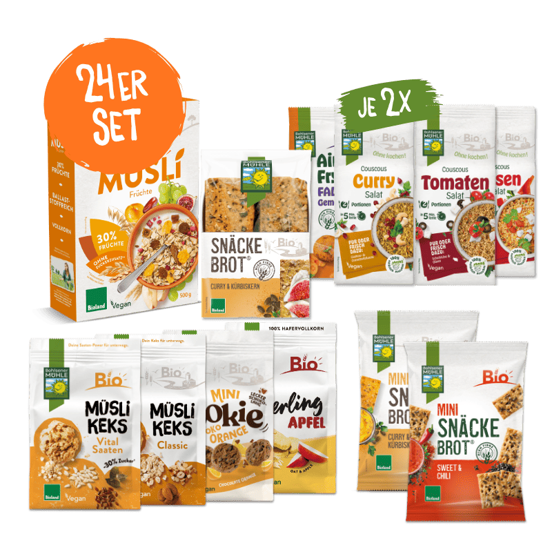 Bohlsener Mühle 24er Set mit verschiedenen Bio-Müsli, Snäckebrot, Couscous-Salaten und Cookie-Sorten.
