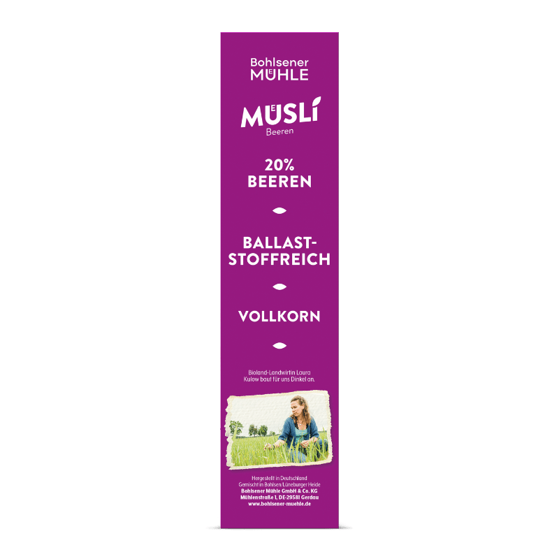 Bohlsener Mühle Müslipackung mit 20% Beeren und ballaststoffreichen Vollkornzutaten.